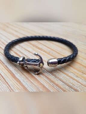 AXION Men's Sterling Silver Braided Black Leather Anchor Bracelet